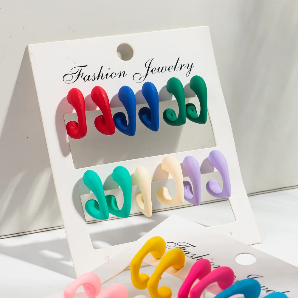 6 Pairs/set Cute Colorful Acrylic Matte Geometric C-Shape Earrings Set for Women Girls Lovely Heart Earrings Fashion Jewelry