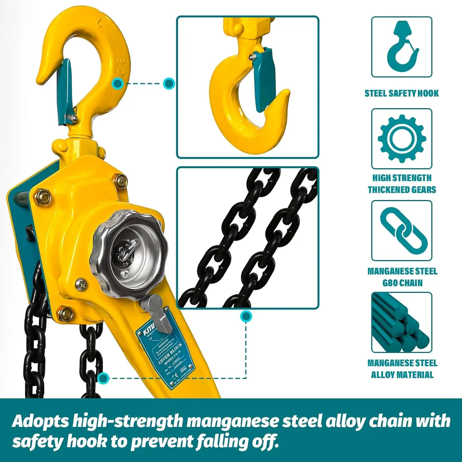 1.5 Ton Manual Chain Hoist, 3300LBS Capacity, 10FT G80 Alloy Steel with Auto Chain & 360° Hook for Garage Factory