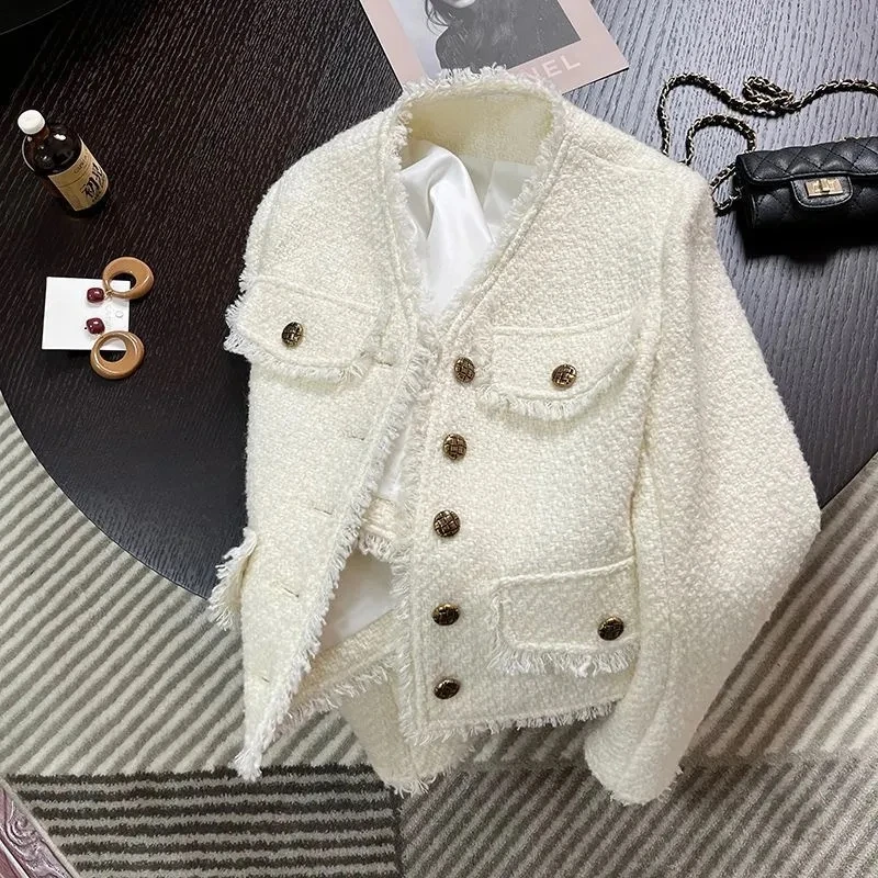 2023 nuovo autunno coreano signore corto scollo a v giacca di Tweed donna Slim tutto-fiammifero manica lunga Casual femminile cappotto capispalla top bianchi