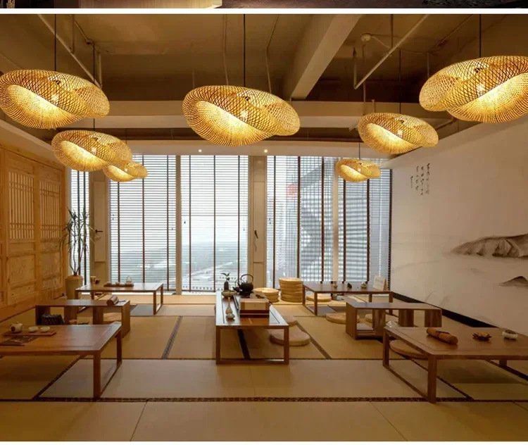 HandMade Bamboo Weaving LED Pendant Lamp Home Decor Hanging Chandelier Lighting Living Room Kitchen Vintage Rattan Woven Light