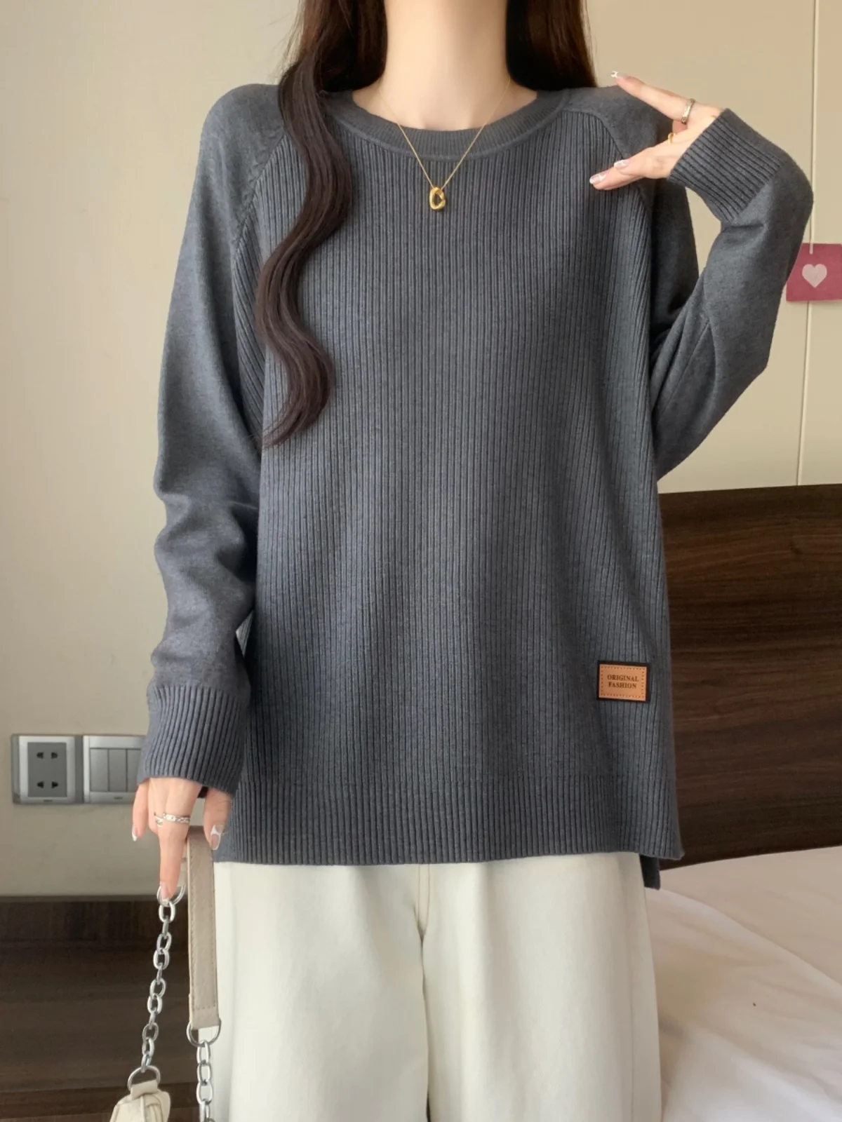 

Свободный женский вязаный свитер, круглый пуловер Ne, длинный све, однотонный базовый слой, топ на осень-зиму, удобный крой