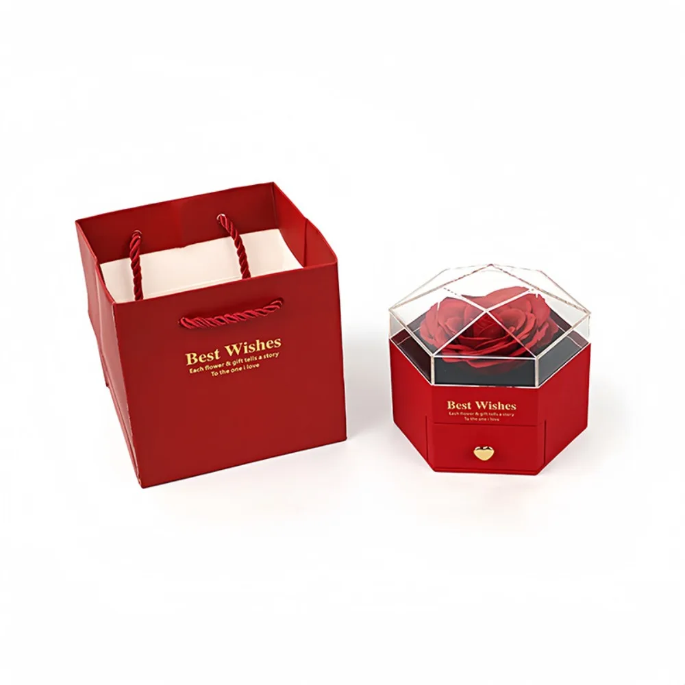 

Rose Flower Jewelry Ring Box Luxury Hexagonal Pendant Necklace Box Portable Jewelry Display Wedding Storage Case
