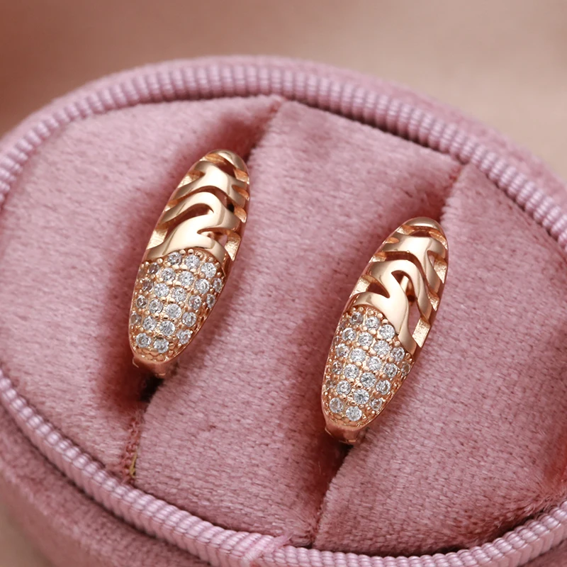 New 585 Rose Gold Oval Clip Earrings Hollow Wave Glossy Matrix 1mm Natural Zircon Earrings Wedding Fine Golden Jewelry Earrings