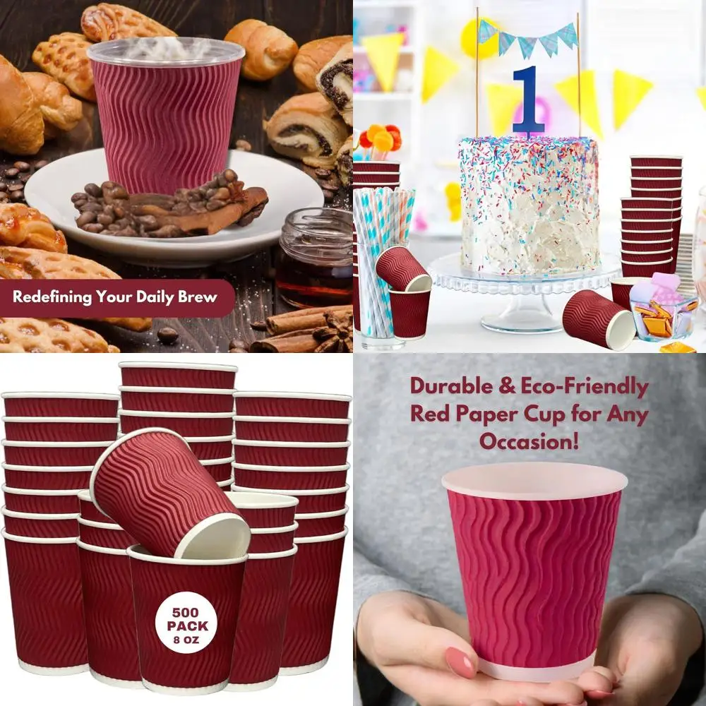 

8oz Triple-Wall Insulated Red Paper Cups, 500 Pack for Hot Beverages - Disposable Cups for Tea, Espresso, Parties, Office Use