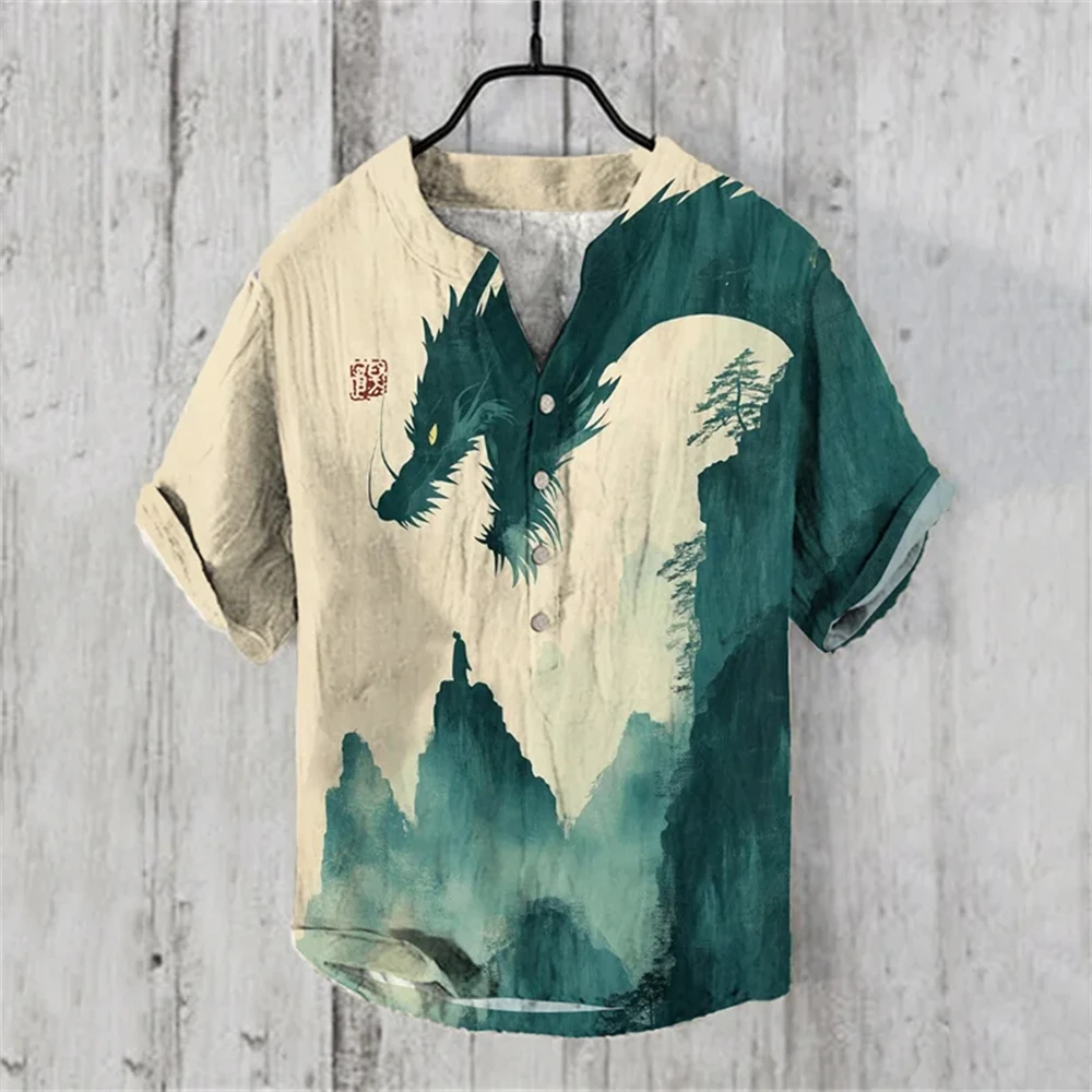 Men's short-sleeved POLO shirt imitation linen POLO shirt printed Chinese retro dragon ukiyo-e painted Hawaiian casual clothing