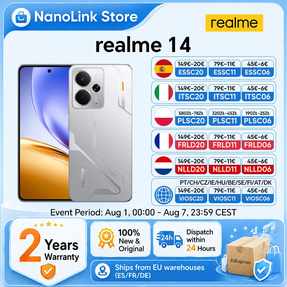 realme 14 Smartphone 5G Snapdragon 6 gen 4 6.67'' 120Hz AMOLED Display 6000mAh Titan Battery 45W 50MP OIS Camrea EU Version