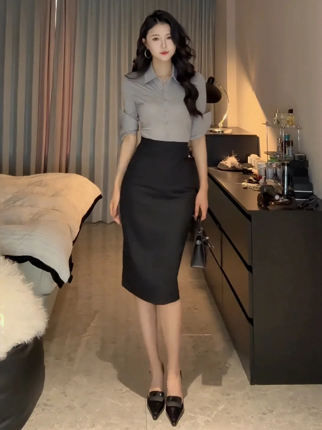 

Корейский деловой костюм-двойка: юбка с высокой талией и блузка с длинным рукавом, профессиональный офисный стиль, стройнящий силуэт
