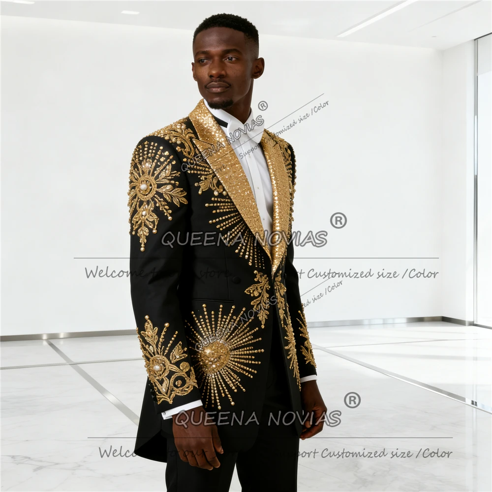 

Unique Design Beaded Stones Suit Men Slim Fit Gold Sparkly Sequins Label Groom Blazers Outfits Customized Groom Tuxedos Luxury