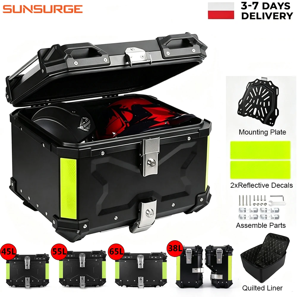Baule posteriore per moto in lega di alluminio Sunsurge 45L, 55L, 65L, baule laterale per moto 38L, baule posteriore impermeabile per moto, baule per casco, baule per attrezzi con sistema di chiusura