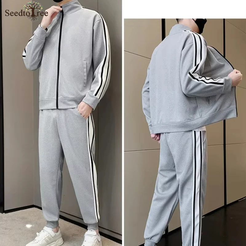 Spring and Autumn Men's Sports Sets Patchwork Long Sleeves Zipper Jacket Casual Pants Two Piece Set