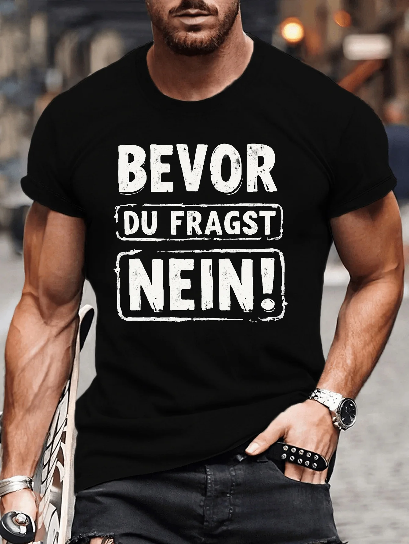 

Новая мужская футболка-Чоловіча футболка больших размеров «Перед вас спросите, не скручивается» — черная повседневная футболка с круглым вырезом и надписью «BEVOR DU FRAGST NEIN!»