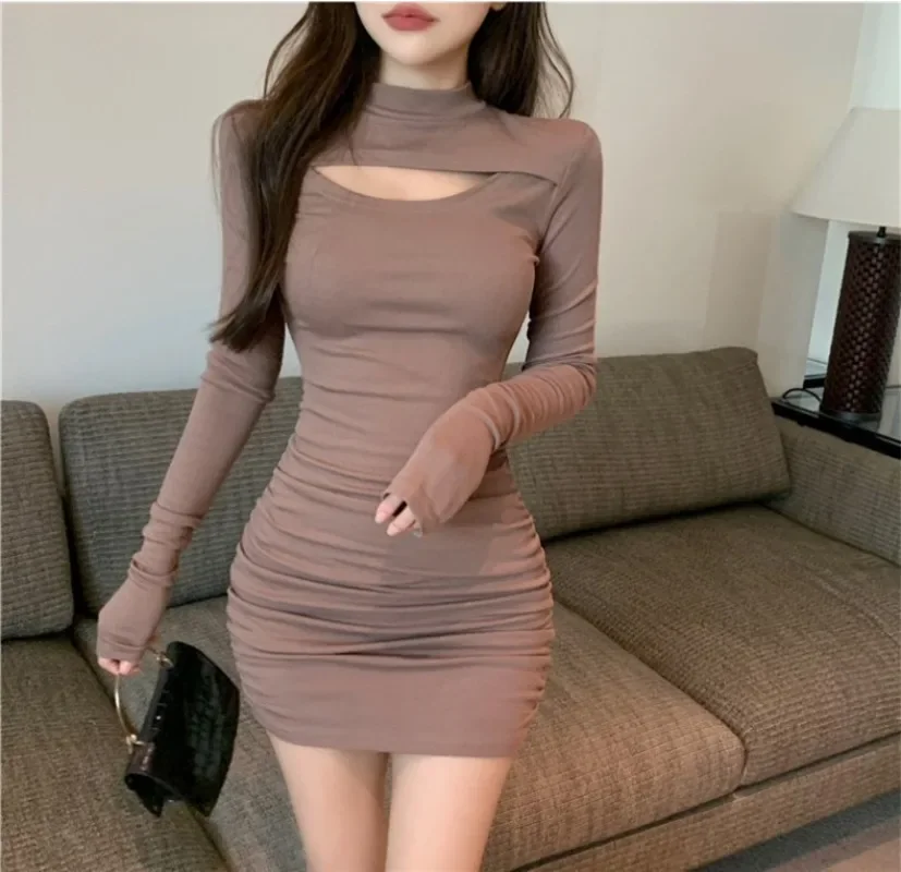 Vestido Halter de manga comprida feminino, Bodycon monocromático, quadril fino, roupas femininas, moda streetwear, primavera, outono, inverno, novo, 2024