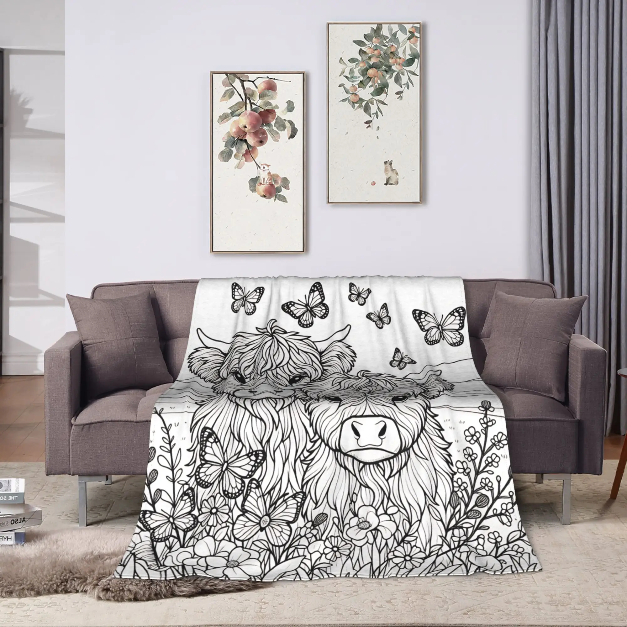 Cute Two Highland Cows With Butterflies And Flowers Warm Cozy Blanket For Outdoor  Novelty Throw Blanket Spring Plane Bedspread