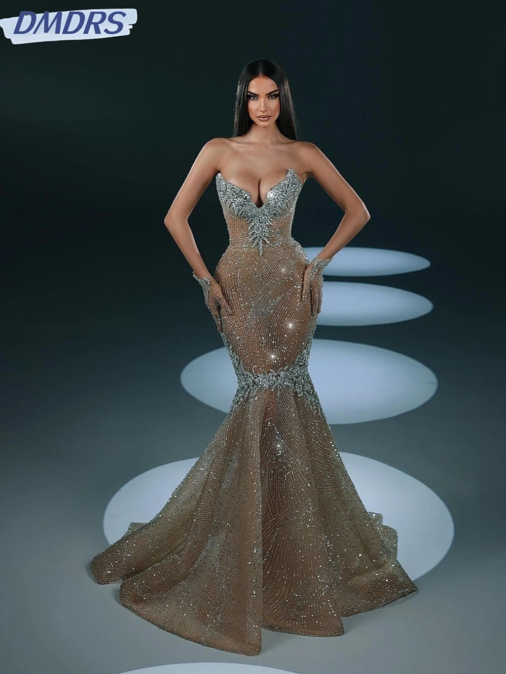 Champagne Exquisite Mermaid Prom Gown Sexy Deep V-neck Cocktail Dresses Sequined Beads Evening Dress Customized Robe De Mariée