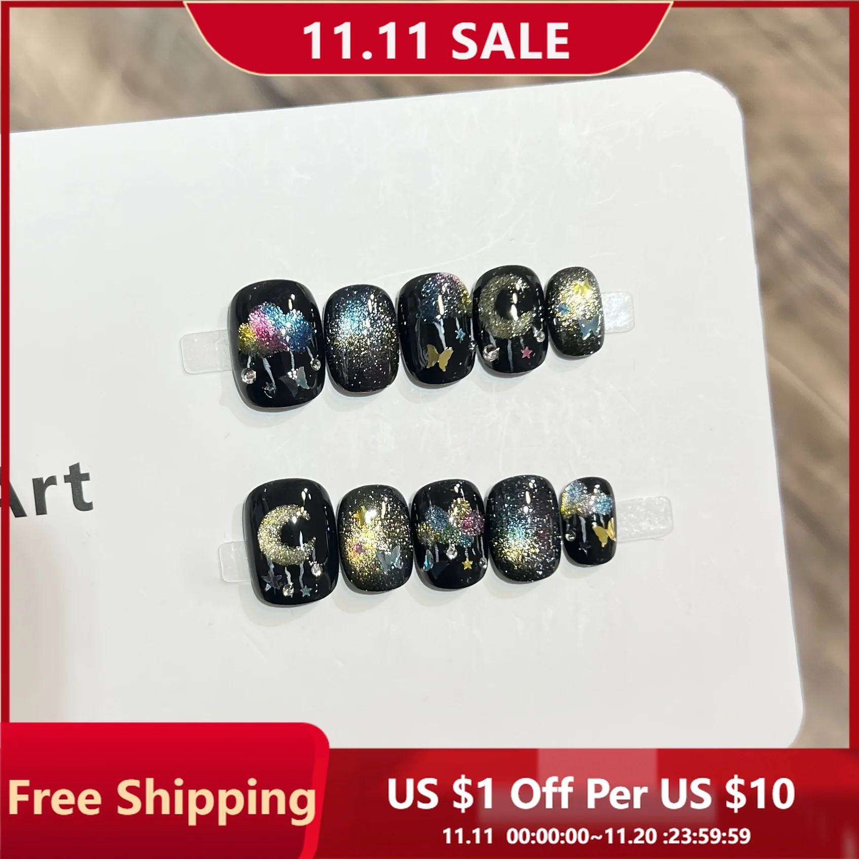 

10pcs Handmade Press on Nails Dark Starry Sky Rainbow Cat's Eye False Nail for Women&Girls Detachable Wearable Fake Nail Gifts
