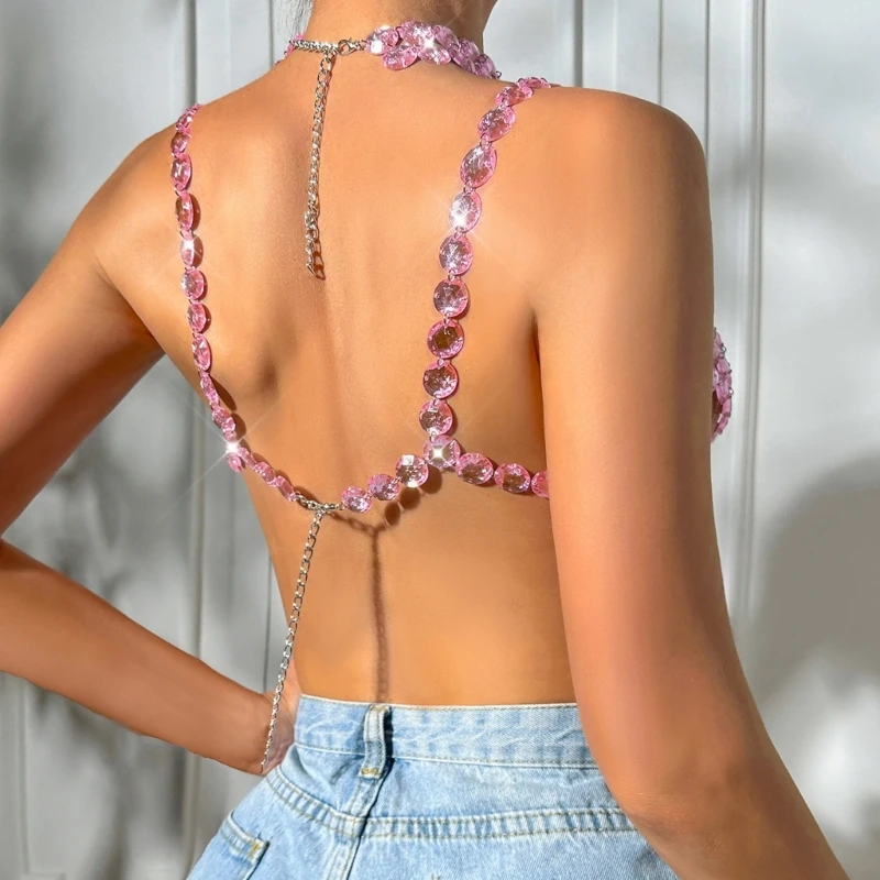 Women Colorful Crystal Camisole Backless Rhinestones Star Crop Top Body Jewelry P8DB