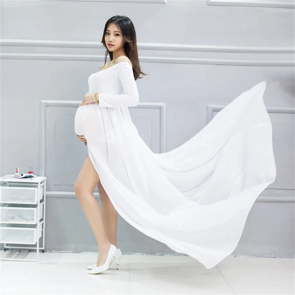 

White Chiffon Maternity Photography Dresses for Pregnant Women Photo Shoot Pregnancy Photos Shooting Props Long Sleeve Dress