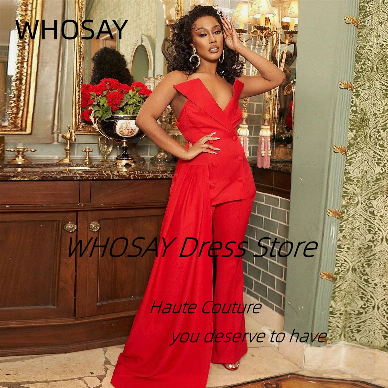 

WHOSAY 2-Pieces Women Wear Sexy Sweetheart V Neck Prom Dresses with Buttons Flutters Train Evening Gowns Customized Pant Suits