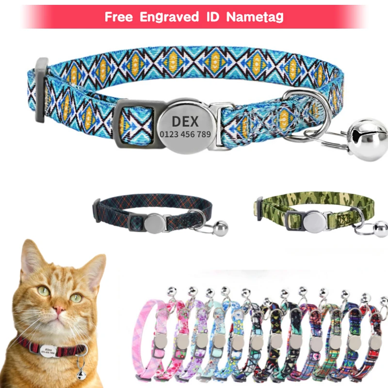 Personalized Printed Cat Collar Adjustable Kitten Puppy Collars With Free Engraved ID Nameplate Bell Anti-lost Cats Collars