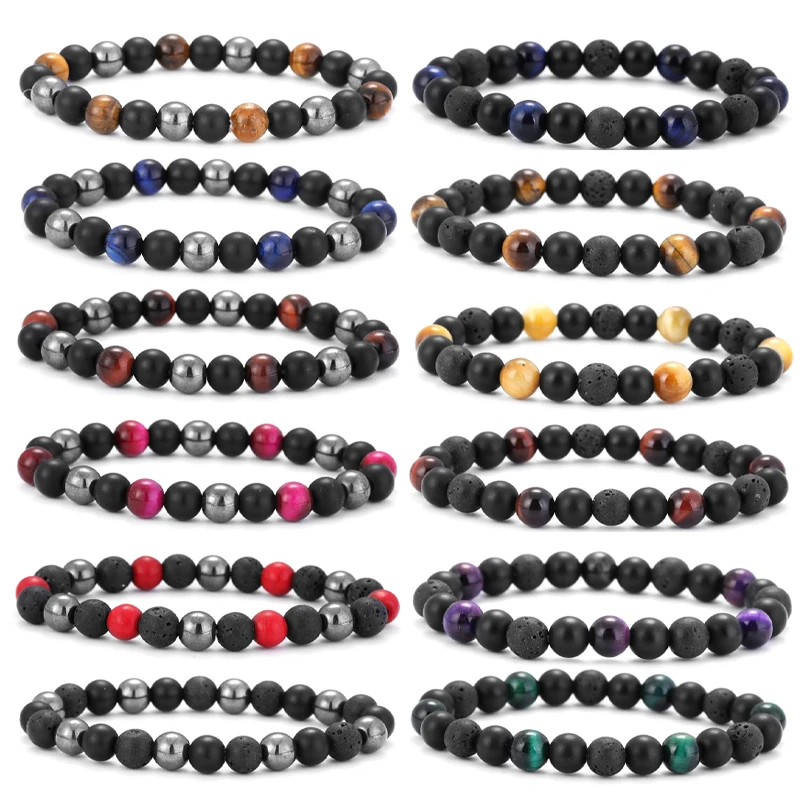 Natural Stone Tiger's Eye Black Stone Volcanic Stone Hematite Bead String Bracelet Men And Women Yoga Fitness Bracelet Jewelry