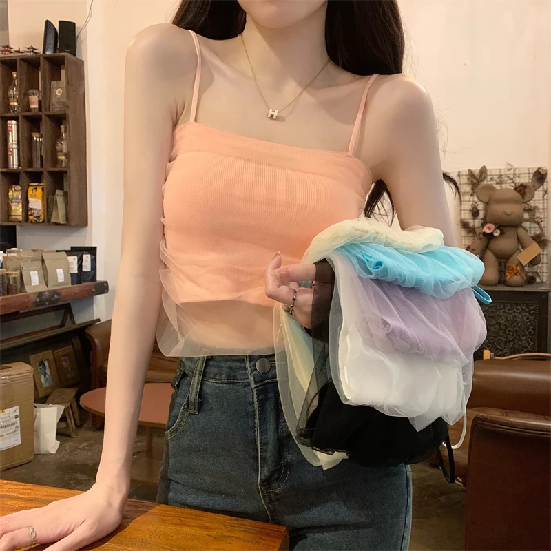 Korean New Camis Women Summer Design Sense Mesh Niche Sleeveless Tops Slim Versatile Short Tanks Female Edgy Clothes Y2k