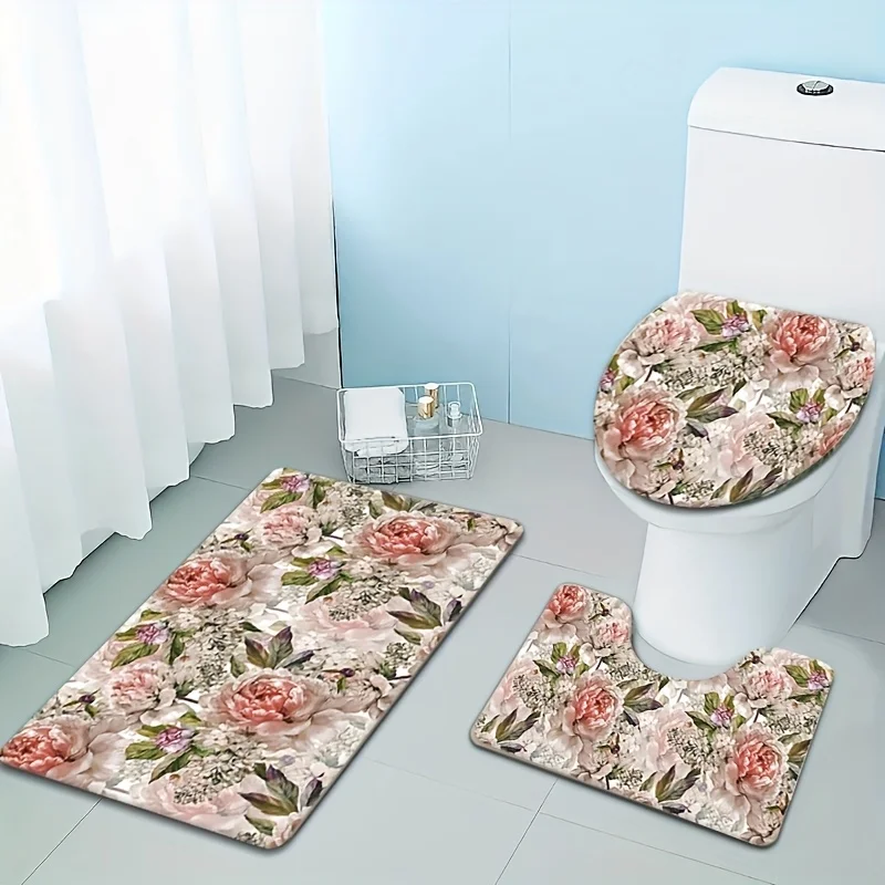 

Набор ковриков для ванной комнаты с розовым пионовым узором, 3 предмета: мягкий нескользящий коврик для ванной, чехол для унитаза, контурный коврик для домашнего декора