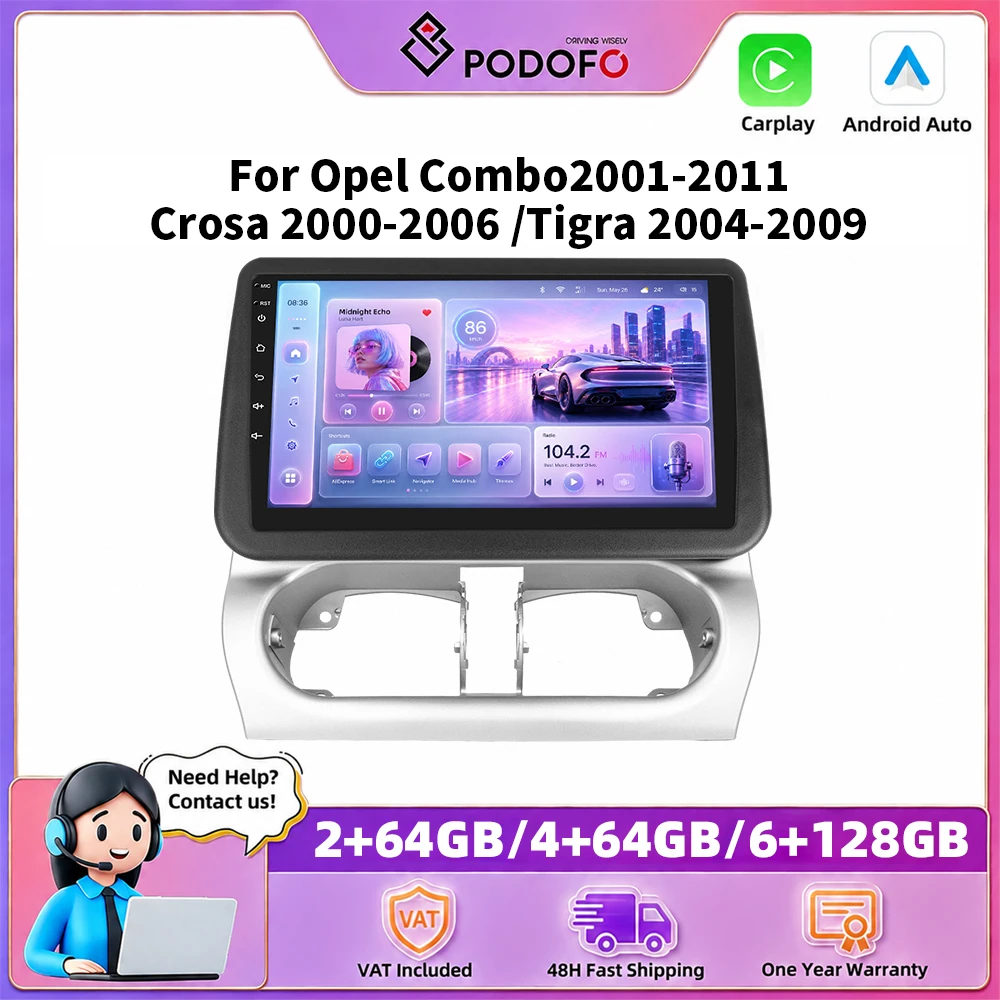 Podofo Autoradio 9 pouces pour Opel Combo 2001-2011 Crosa 2000-2006/Tigra 2004-2009, Carplay sans fil, Android Auto, systèmes de voiture intelligents, navigation GPS, lecteur multimédia, MirrorLink, BT, WIFI, unité principale
