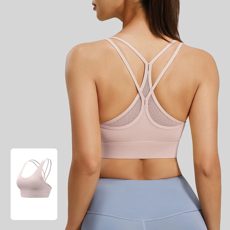 

2026 Fashion Women Mesh Cross Back Yoga Bra High Impact Support Naked Feeling Workout Sports Top with Fixed Built-in Pads