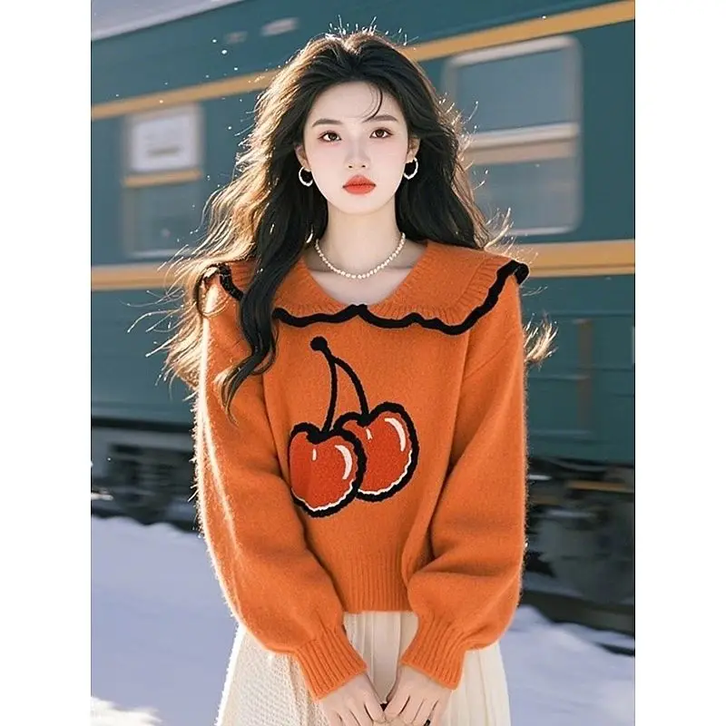 Women Autumn Winter Casual Loose Printing Solid Color Turn-down Collar Long Sleeve Women Clothes Lively Cute Sweater Pullover