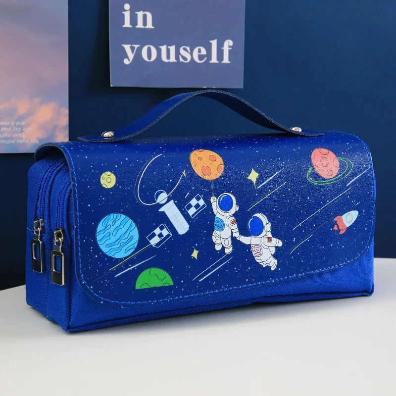 Outer Space Astronauts Cartoon Dinosaur Pencil Case 3layer Big Capacity Pencil Bags Stationery Pen Case For Boys School Supplies