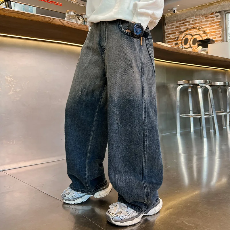 Teenagers Boys Jeans New Children Wide Leg Denim Pants for Kids Loose Pockets Trousers Spring Autumn 4 6 8 10 11 12 13 14 Years