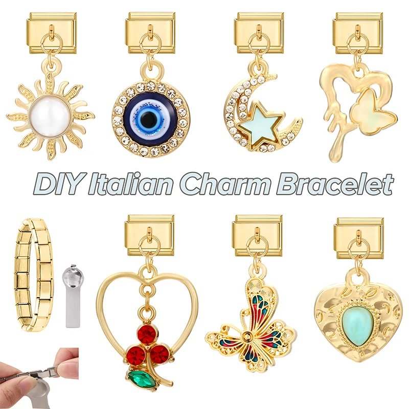 Neue Y2K Italienischen Charme Armband Herz Schmetterling Gold Farbe Elastische Link Kette Armreif DIY Machen Mode Frauen Schmuck Zubehör