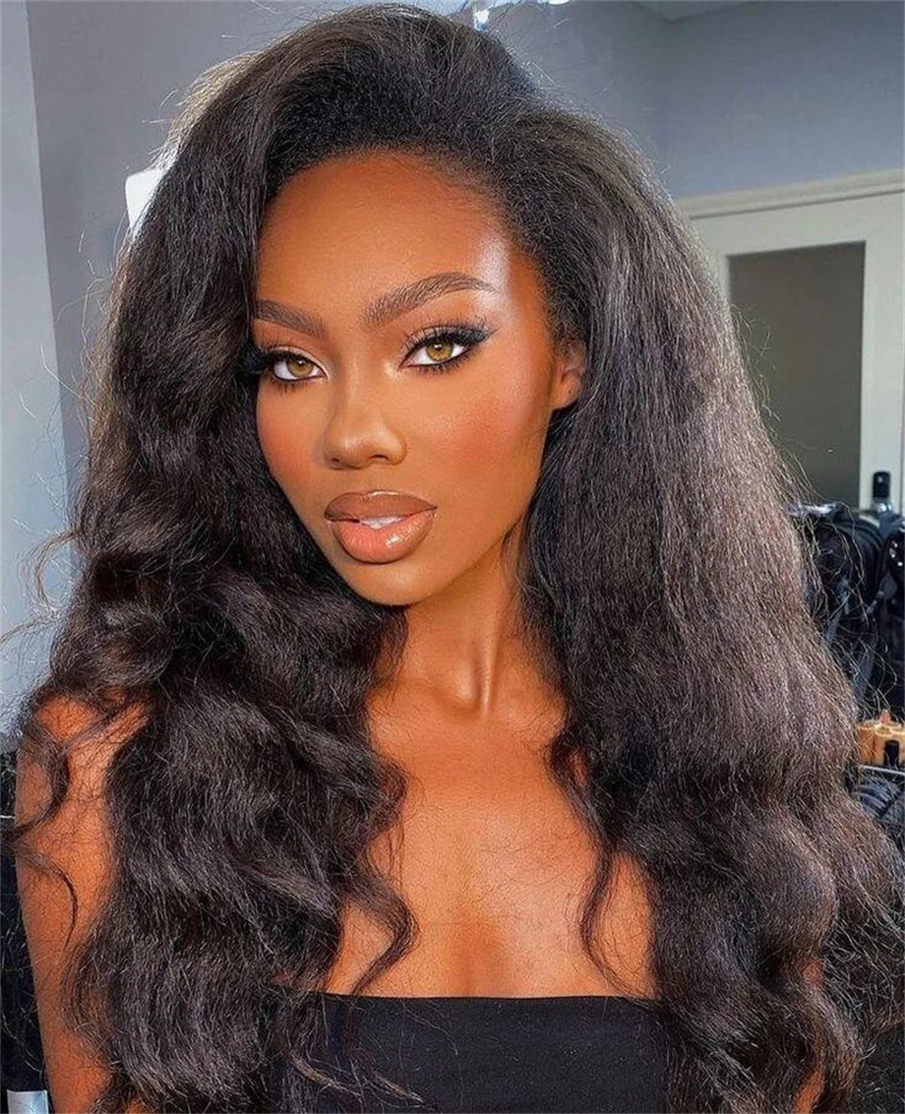 Long Soft Yaki 180Density Long Natural Black Kinky Straight Wave 13x4 Lace Front Wig For Women With Baby Hair Glueless