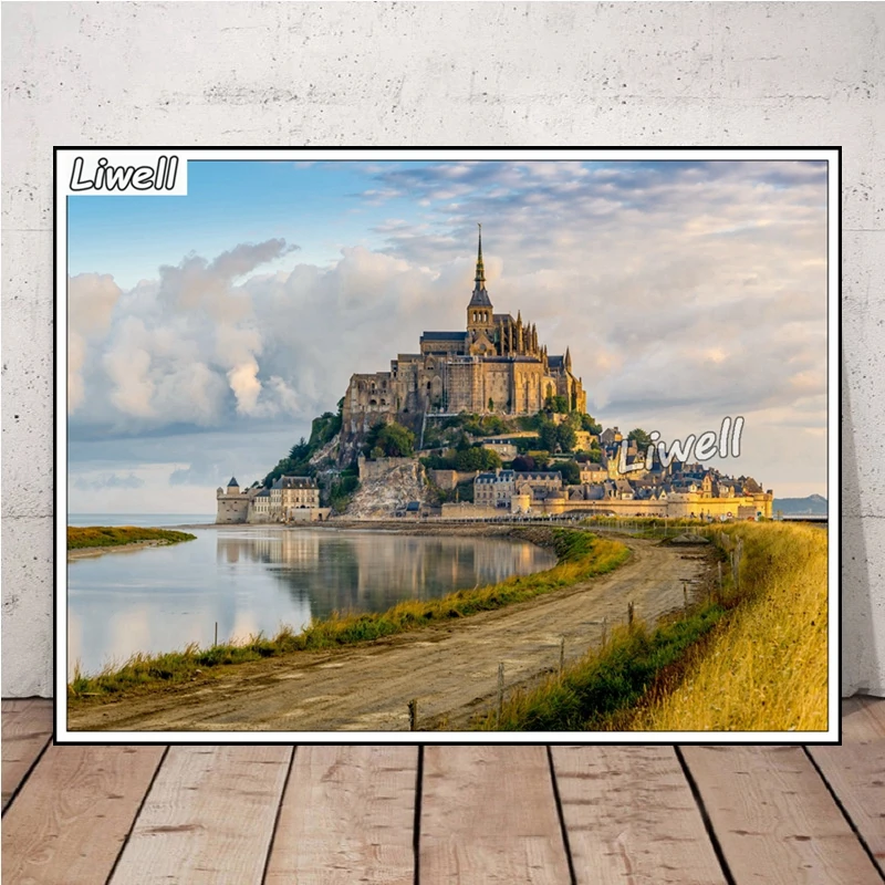 Mont Saint Michel Island in Normandy France Diamond Painting Cross Stitch Art Castle Lake Landscape Handwork Gift Room Decor