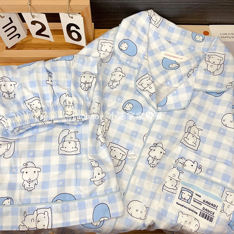 Cute Little Dog Plaid Sleepwear Women's Cotton Short Sleeve Home Clothes Set Summer Pure Cotton Student Home Uniforms