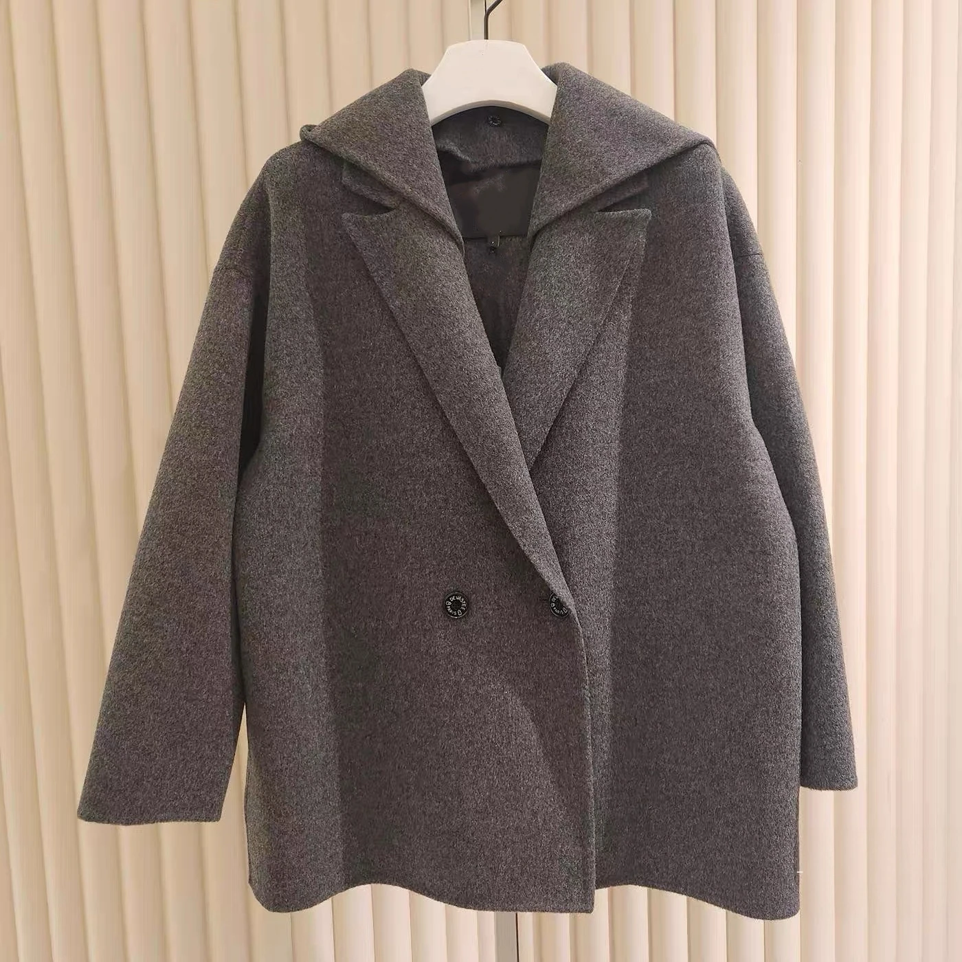 

Lemon Cheese High Quali Winter Detachable Hooded Hand Sewn Woolen Coat Casual Versatile Women's Mid-Length Double-Breasted