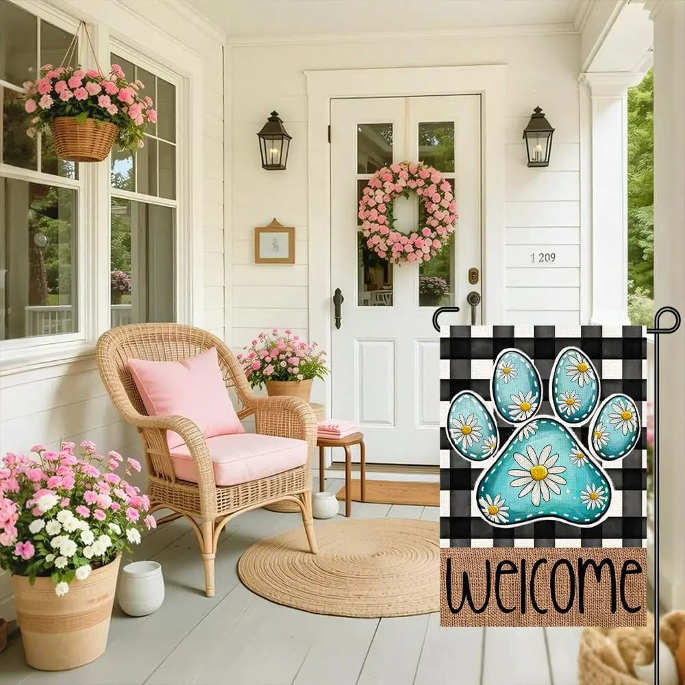 Welcome Paw Print Spring Garden Flag 12x18 Double Sided, Blue Daisy Paw Buffalo Plaid Outdoor Decor for Porch Yard Patio, Pe ZZM