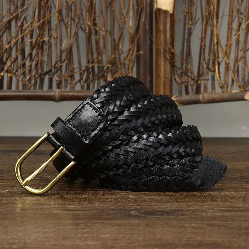 3cm wide genuine leather woven belt, hand-woven cowhide buckle casual all-match belt, same style for men and women