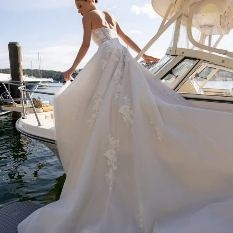 Ivory White Appliques Wedding Dresses off-shoulder A skirt 3D flower decal Long tail Bridal Gowns Made Customized