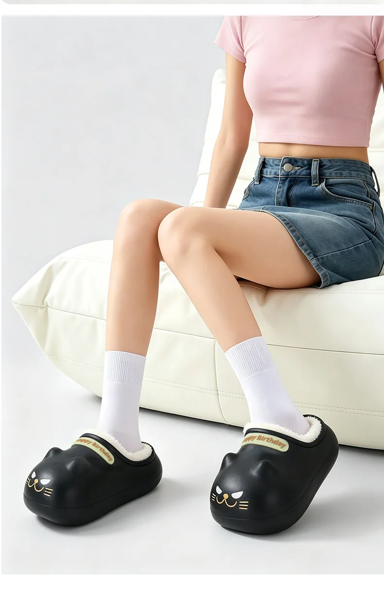Neue wasserdichte schwarze Kätzchen-Hausschuhe für Damen, niedliche Cartoon-Katzen-Pfoten-Design, Plüschsohlen-Schuhe, Damen-Kätzchen-Mules-Hausschuhe für Geburtstage – Detail 11