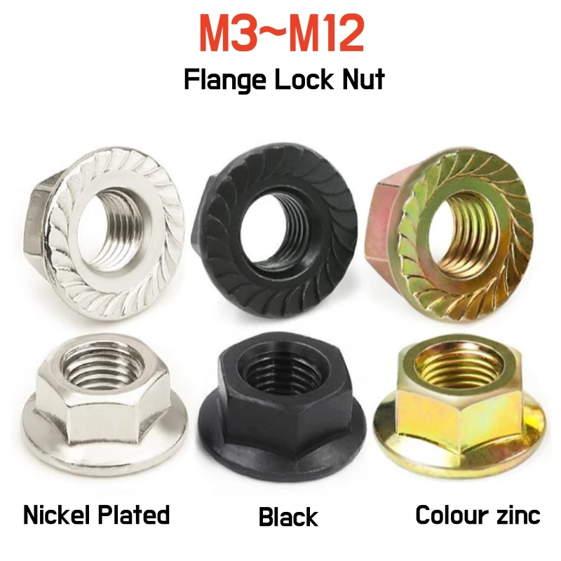 5~100szt M3 M4 M5 M6 M8 M10 M12 Czarna stal węglowa Ząbkowana nakrętka kołnierzowa sześciokątna Spinlock Niklowane nakrętki zabezpieczające w kolorze cynku
