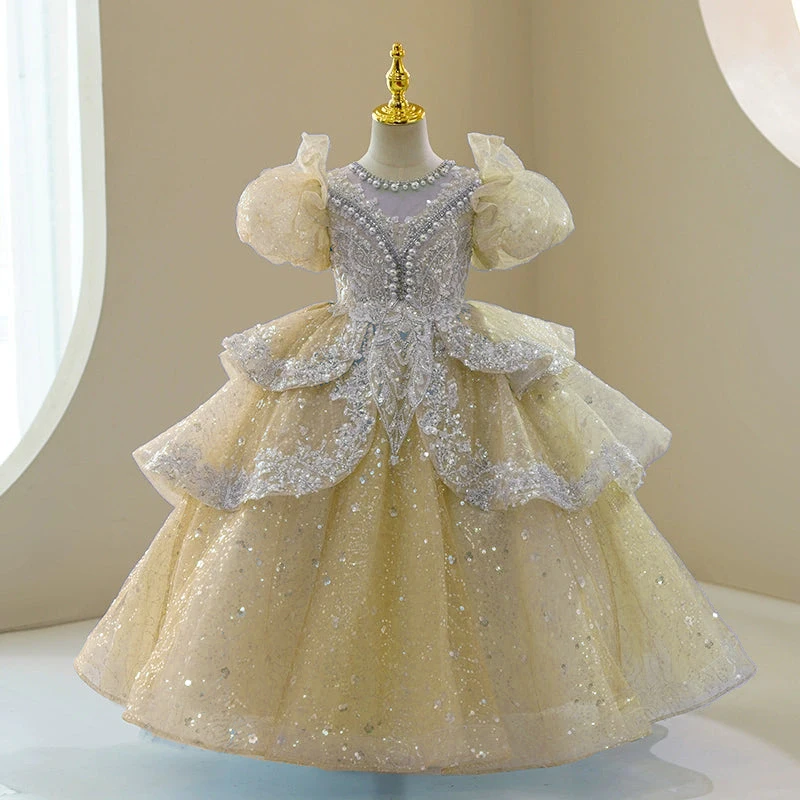 Blumenmädchenkleider mit Puffärmeln für Hochzeit, Kleinkinder, Perlenrüschen, Tüll, Prinzessin, Festzugskleid, glitzerndes Partykleid für die 1.