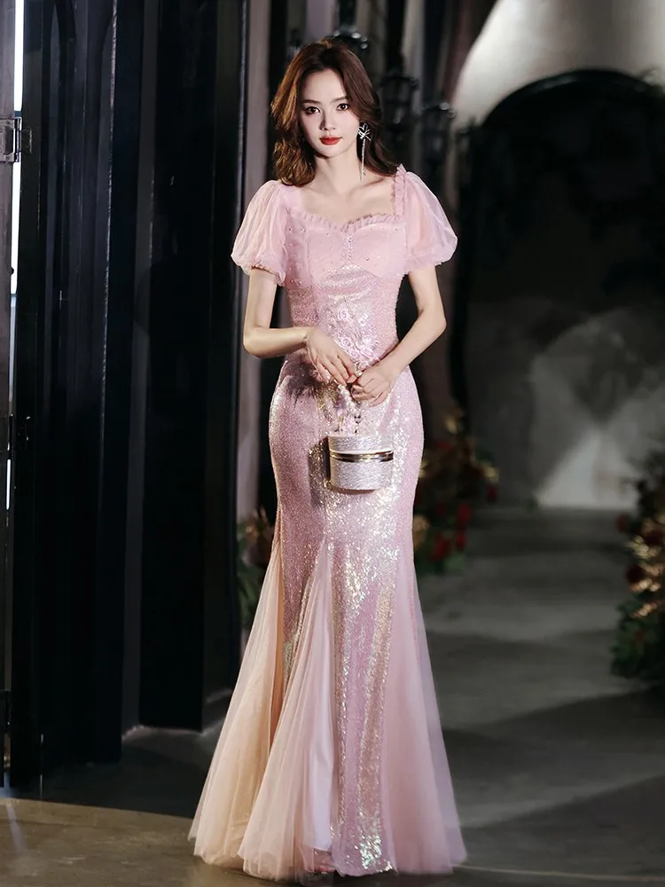 Fish-tail light luxury niche haute couture toasting host adult pink dress