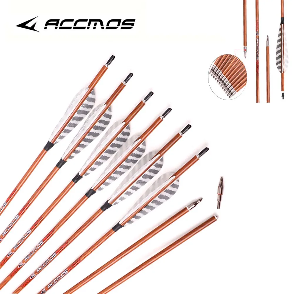 6/12pc ACCMOS Wood Skin Pure Carbon Arrow ID 6.2mm Spine 350 400 450 500 550 600 700 for Archery Bow Hunting Shooting