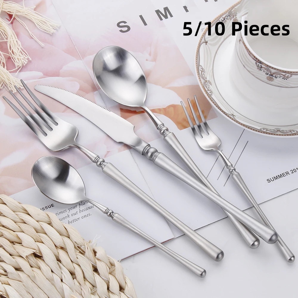 Stainless Steel Western Cutlery Set Mirror Knife Fork Spoon Gold Tableware Silver Dinnerware Matte Elegant Flatware 5 Pcs 10 Pcs