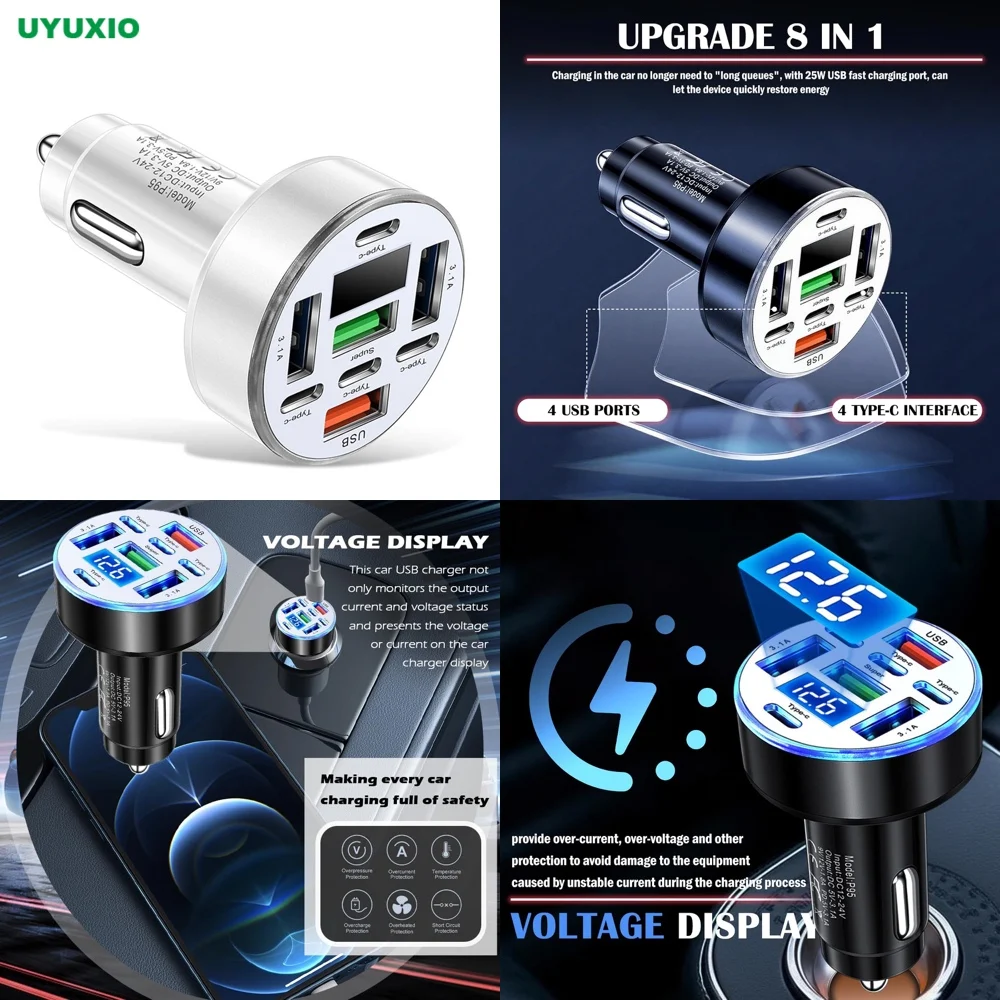 UYUXIO 4 PD 4 USB A USB C Car Charger with Voltage Display Multi Port Super Fast Charge Adapter with Volt Meter for iPhone