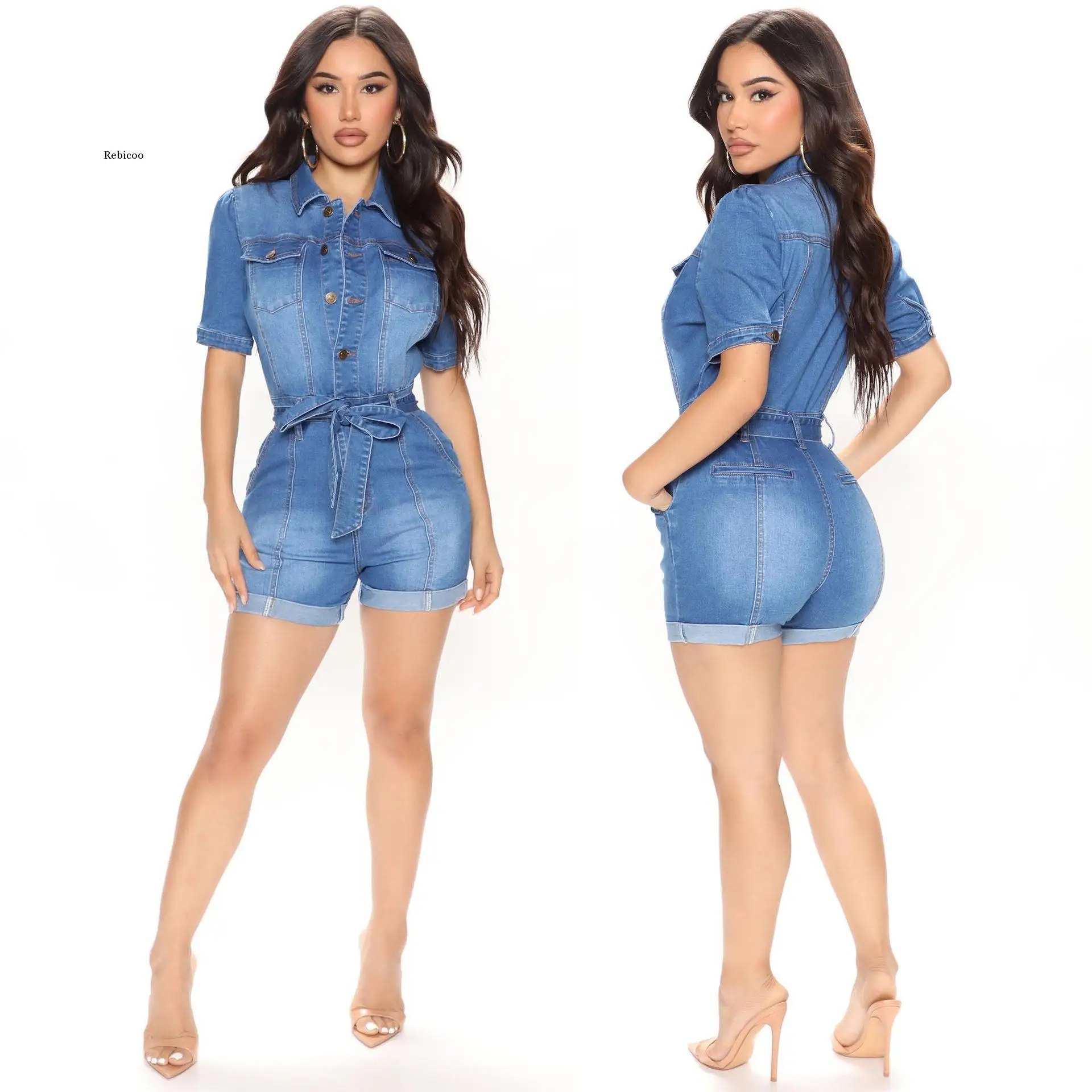 2022 الساخن شعبية الدنيم playsuit الشباب عادية الصلبة مكتب سيدة أنيقة قصيرة الأكمام عالية الخصر المرأة سليم playsuit