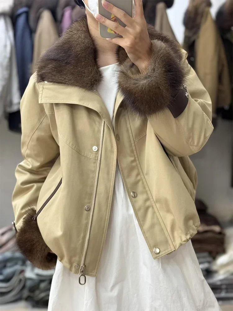 2025 inverno quente mulheres ganso para baixo jaquetas natural real muskrat gola de pele manguito feminino outwear casacos puffer jaquetas