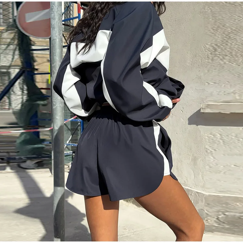 Farbblock-Zweiteiler mit Reißverschluss, Langarm-Stehkragenjacke, Sportshorts mit elastischem Bund, Damen 2026 Sommer Casual Chic Sets – Detail 18