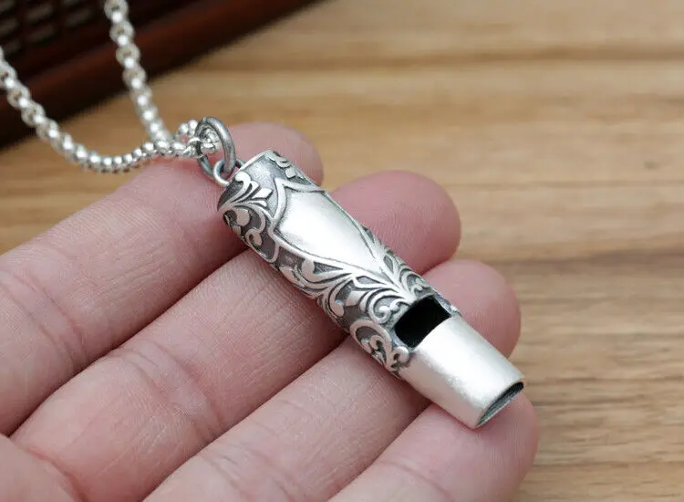 

S990 Sterling Silver Retro Whistle Pendant Matte Silver Whistle Gift